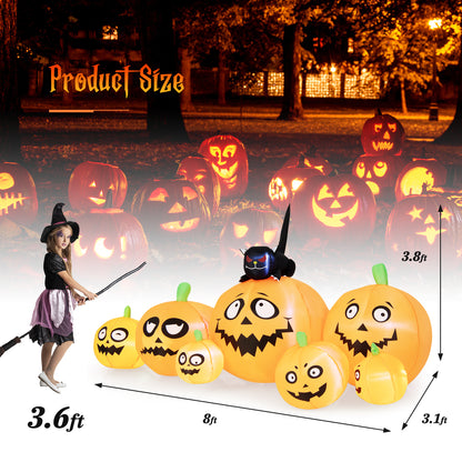 8FT Long Halloween Inflatable Pumpkin, 4 Pumpkins Patch Halloween Decoration with Black Cat and Built-in LED Lights