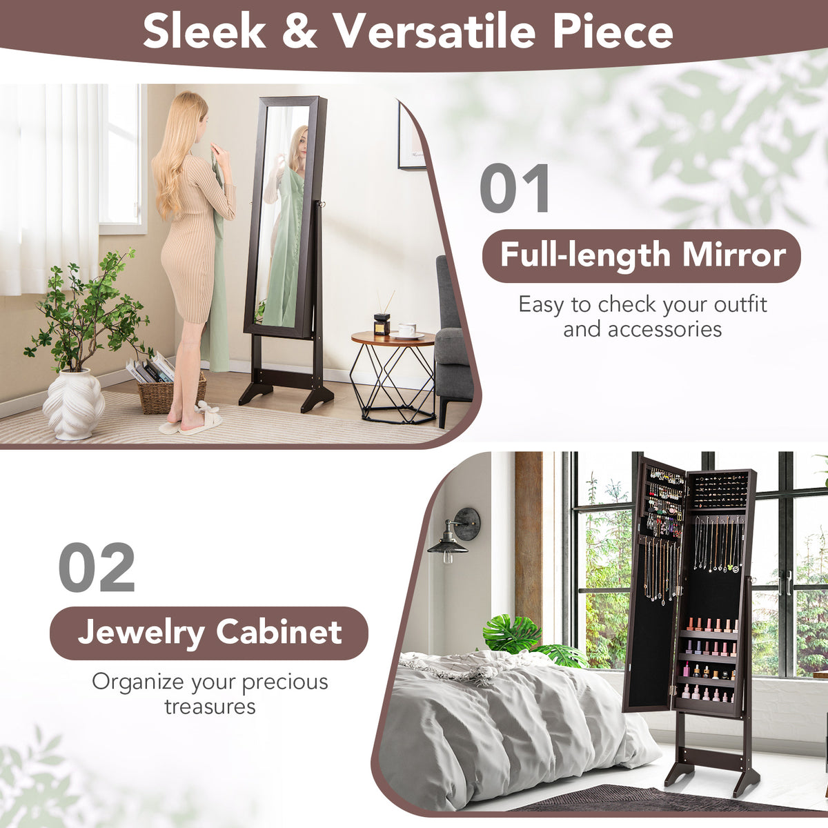 Jewelry Cabinet, Jewelry Organizer with Full Length Mirror Door, Standing Makeup Mirror