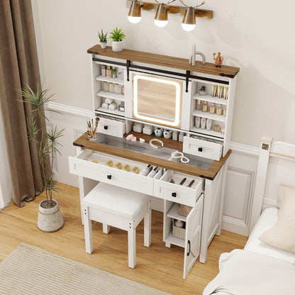 Farmhouse Vanity Desk with Sliding Mirror and Lights, Makeup Vanity Desk Set with Glass Desktop