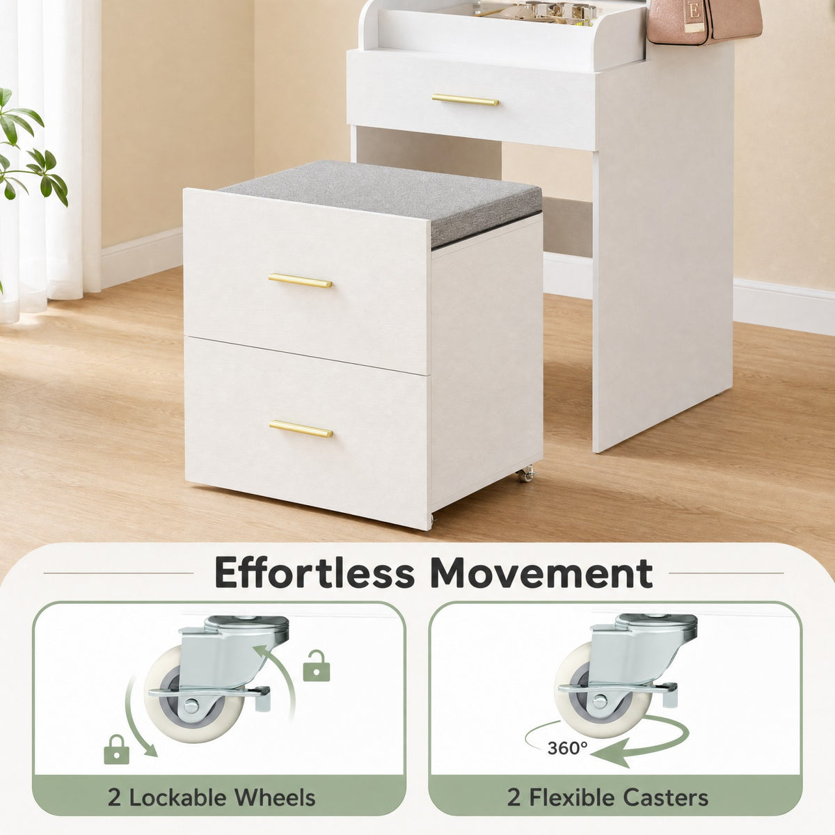 3-in-1 Vanity Desk with Flip Top Mirror, Hidden Rolling Chair, Charging Station