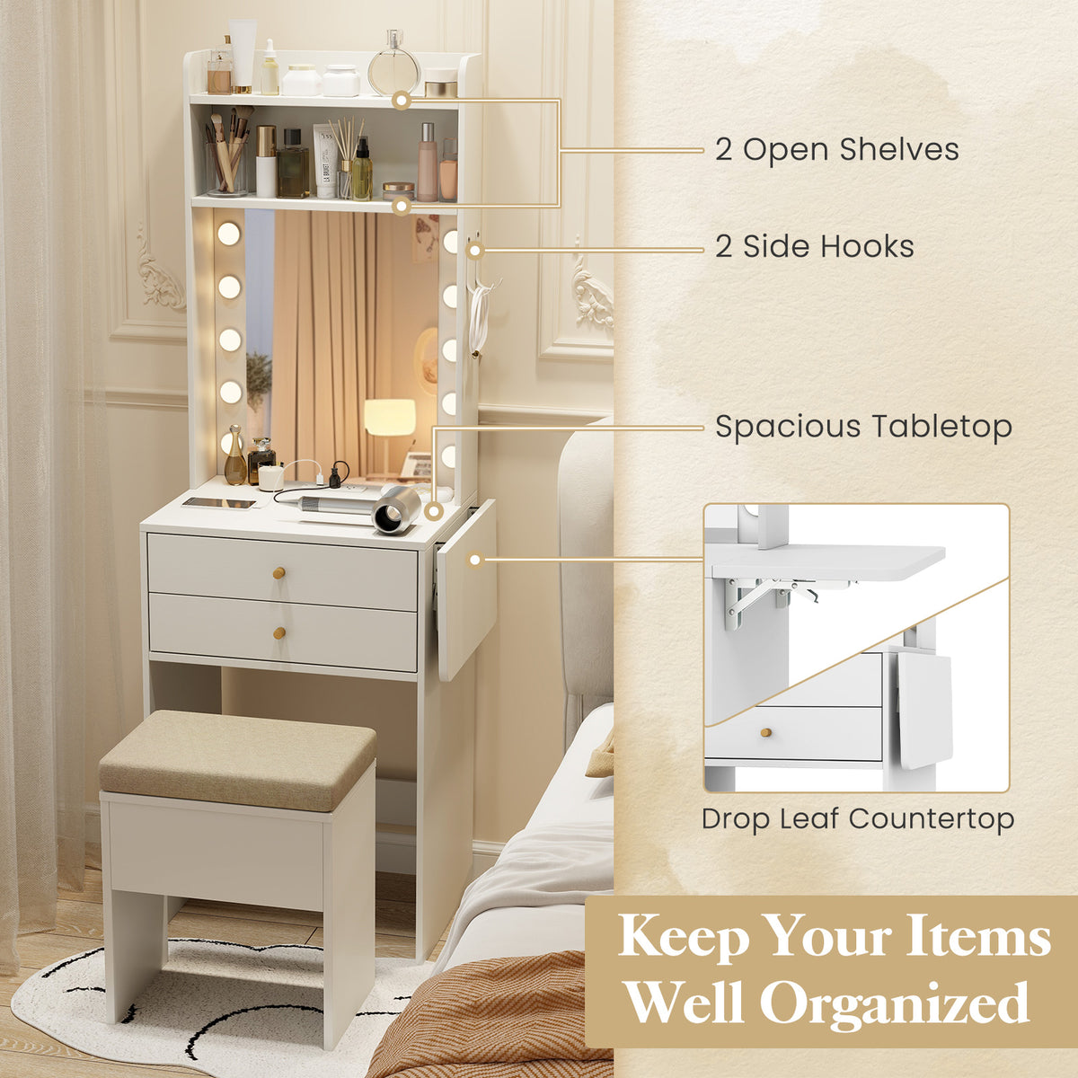 Small Makeup Vanity Set with Mirror and Lights, Modern Compact Vanity Desk Set with Charging Station