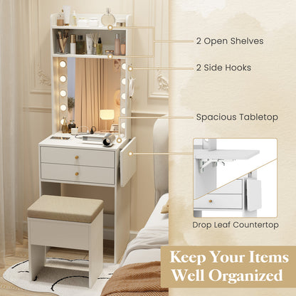 Small Makeup Vanity Set with Mirror and Lights, Modern Compact Vanity Desk Set with Charging Station