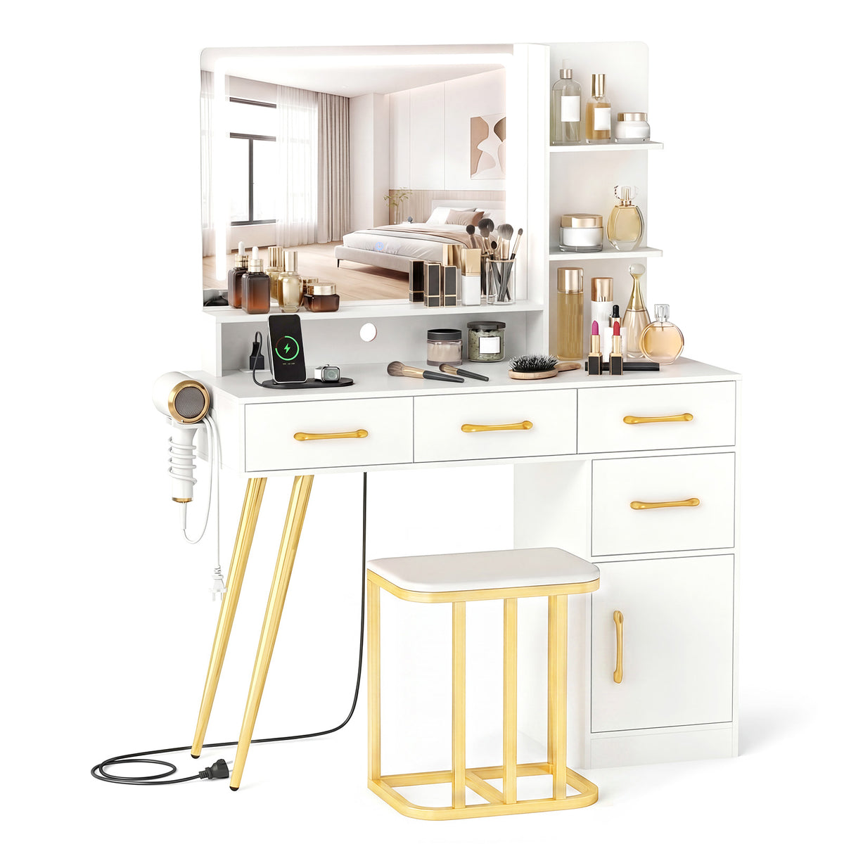 Vanity Desk with Mirror LED Light & Power Outlet, Modern Makeup Vanity Set with 3-Tier Shelves