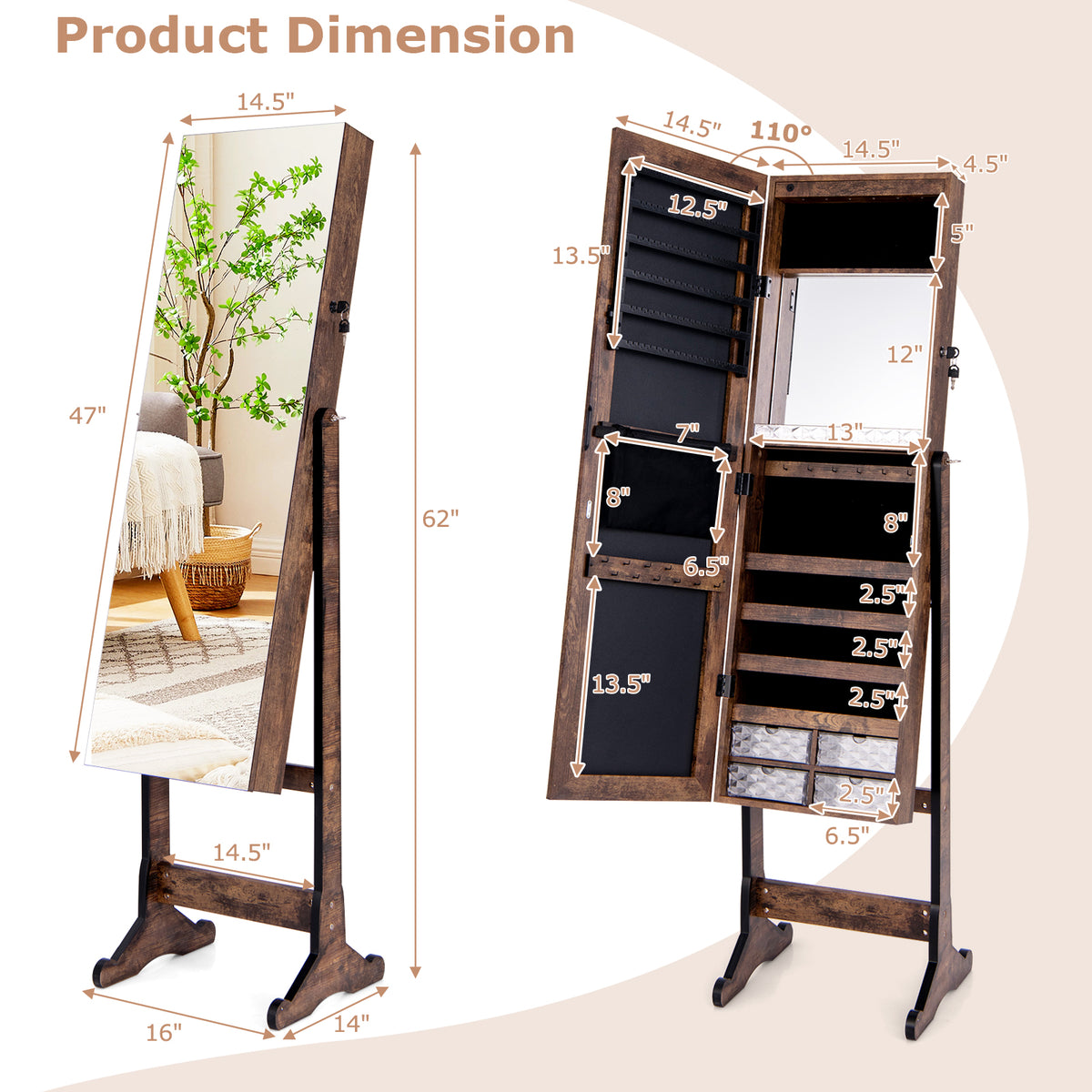Jewelry Cabinet Freestanding, Lockable Jewelry Armoire Organizer with Full-length Frameless Mirror