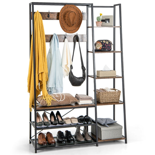 Hall Tree with Shoe Bench, 5-in-1 Freestanding Coat Rack with 9 Hooks, 5-Tier Side Shelves