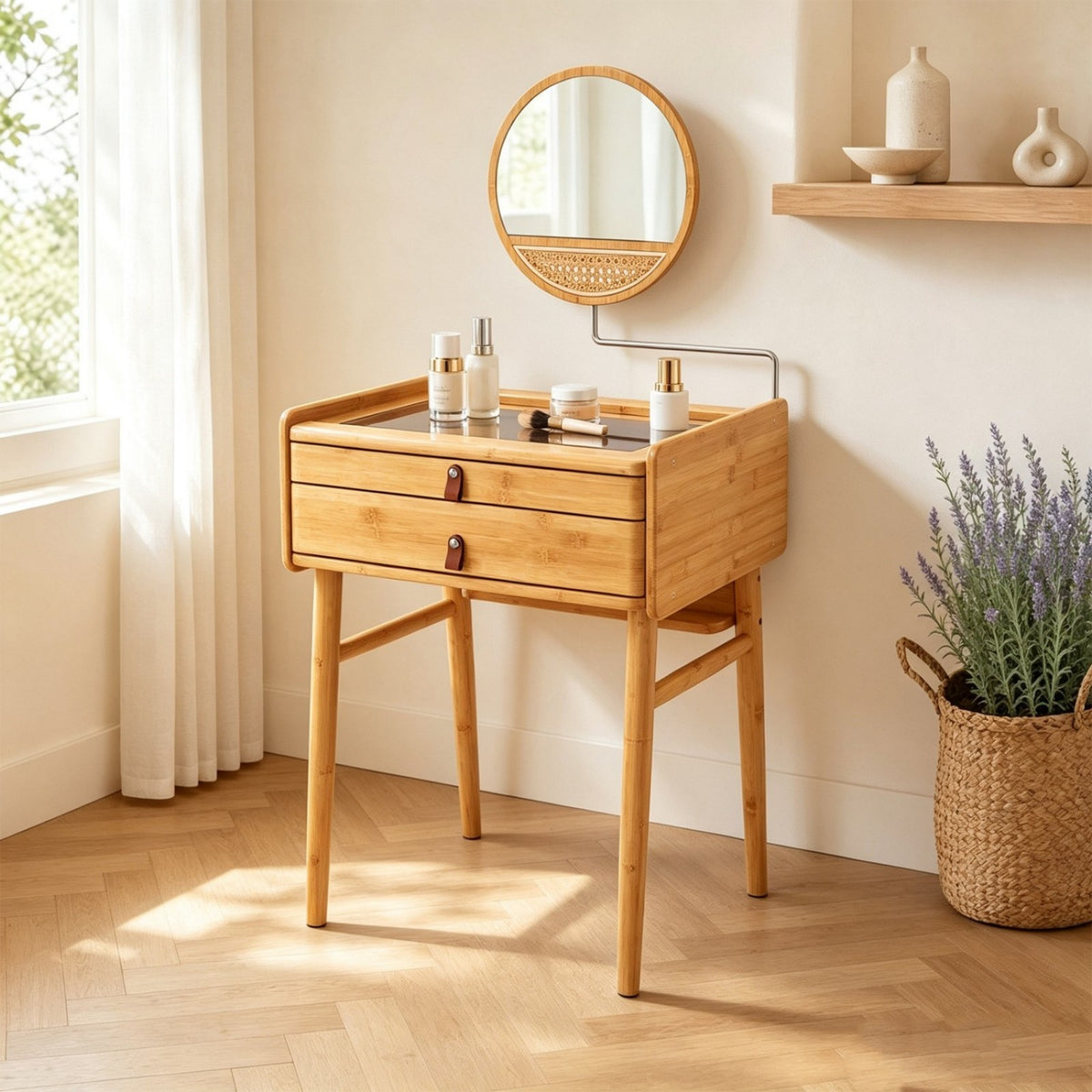 Makeup Vanity Table with Mirror, Bamboo Dressing Table with 2 Storage Drawers and Tempered Glass Table Top