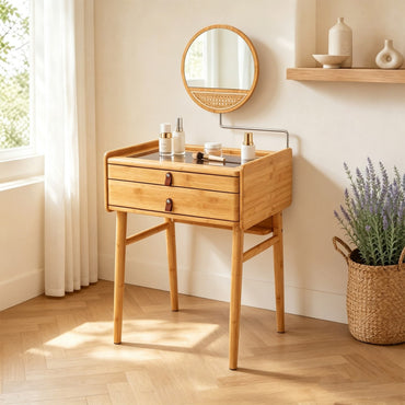 Makeup Vanity Table with Mirror, Bamboo Dressing Table with 2 Storage Drawers and Tempered Glass Table Top
