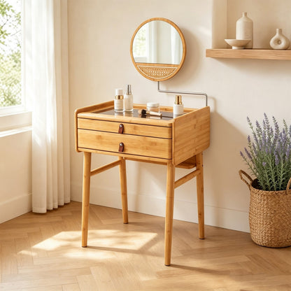Makeup Vanity Table with Mirror, Bamboo Dressing Table with 2 Storage Drawers and Tempered Glass Table Top
