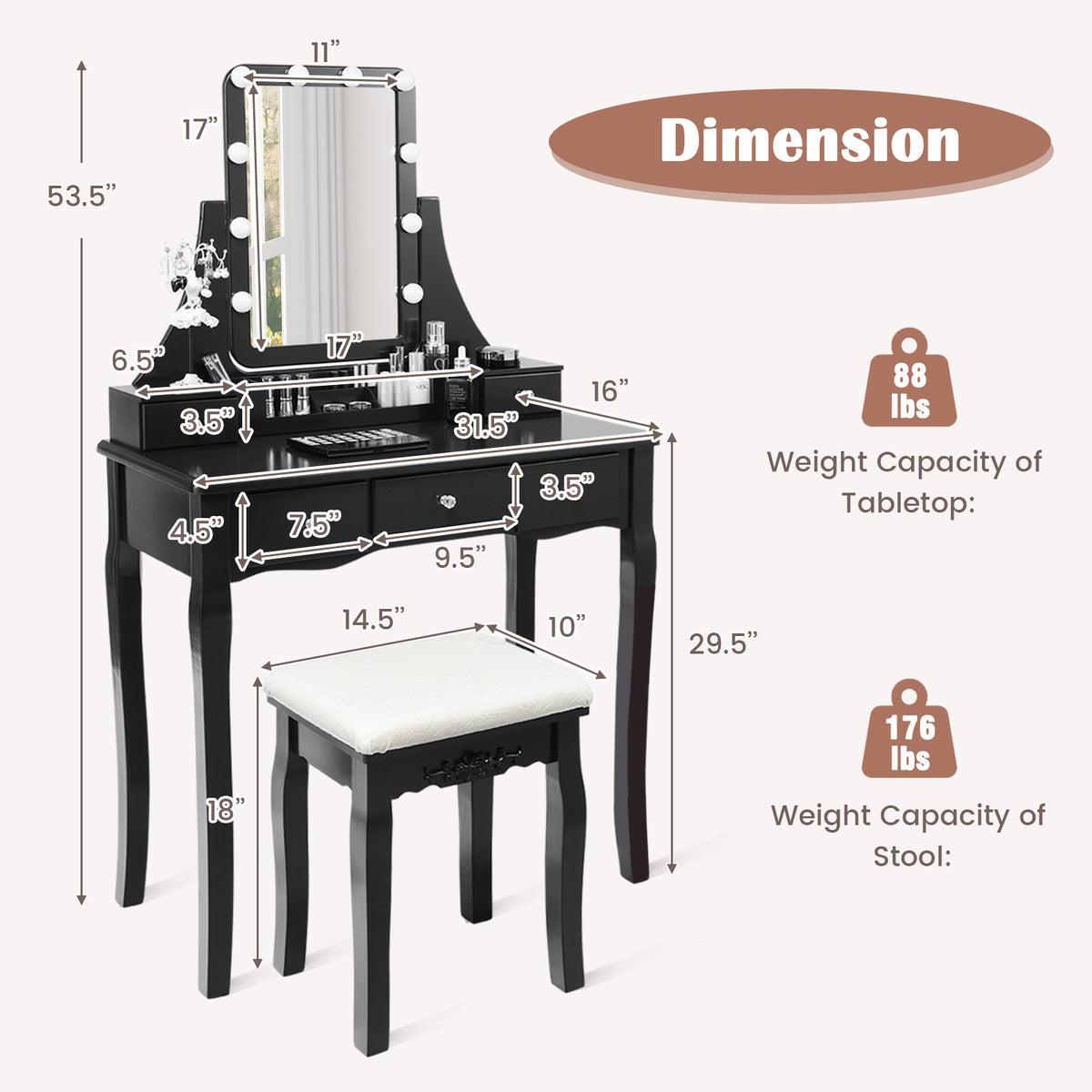 Vanity Table Set with Lighted Rotatable Mirror, Makeup Table with 3-Color Lights