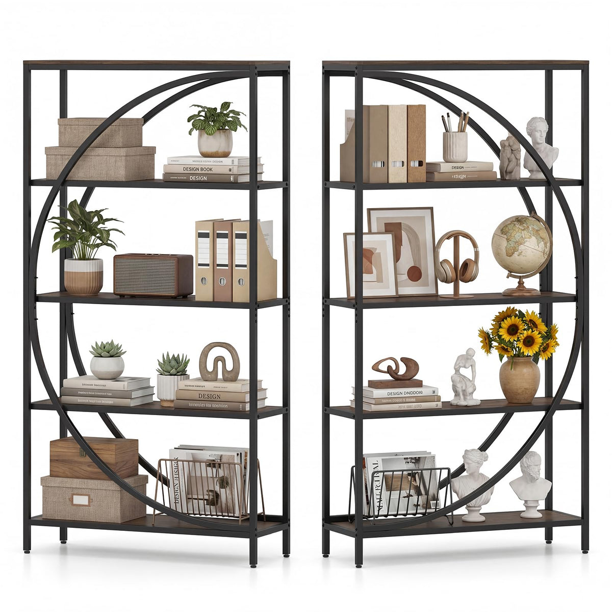 Goflame 65" Tall Industrial Etagere Bookcase with Half-Moon Shape for Living Room and Home Office