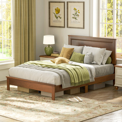 Twin Size Wood Bed Frame, Mid-Century Modern Platform Bed with Headboard