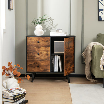 Storage Cabinet with Door & 3 Drawers, Mid-Century Floor Cabinet with Adjustable Shelf
