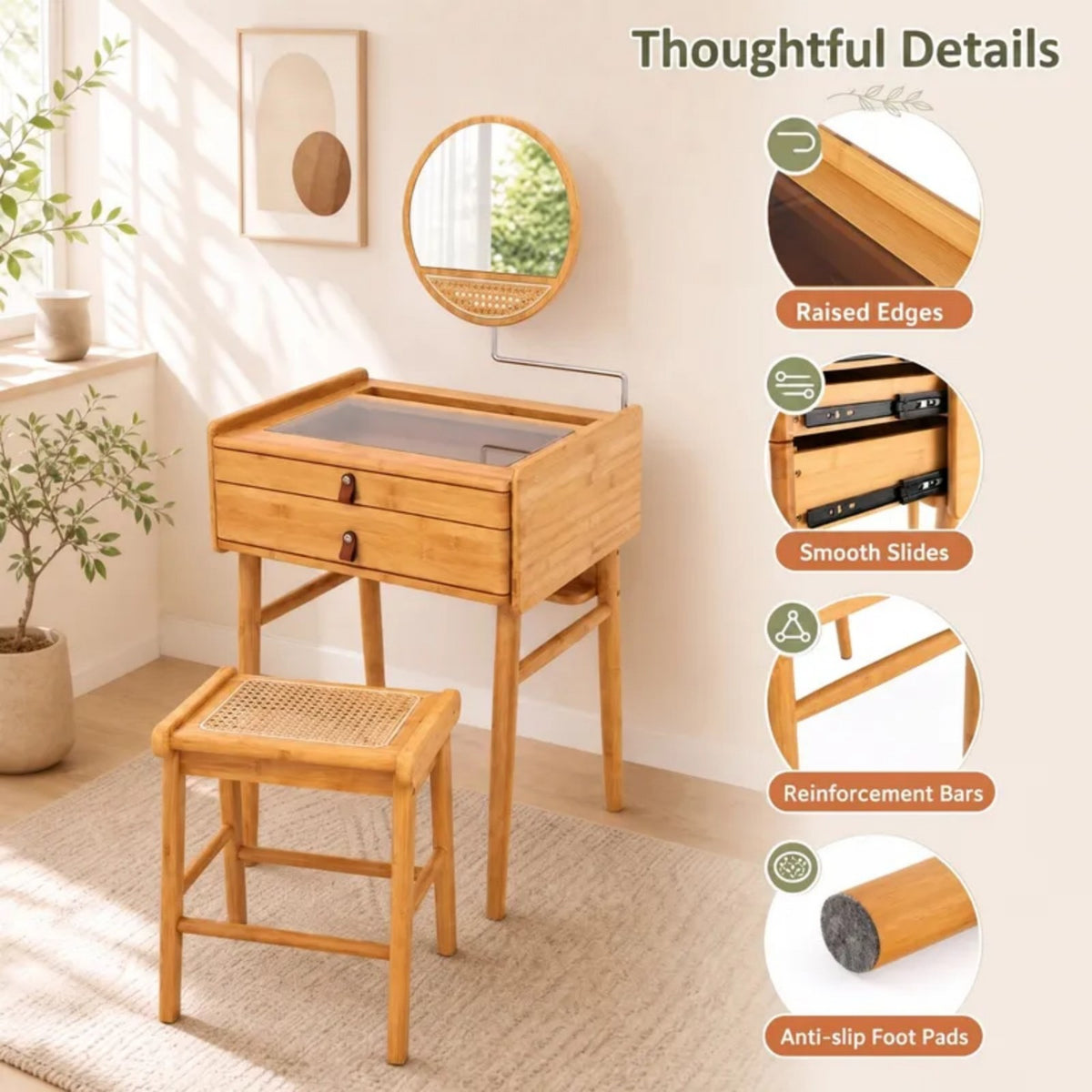 Makeup Vanity Table with Mirror, Bamboo Dressing Table with 2 Storage Drawers and Tempered Glass Table Top