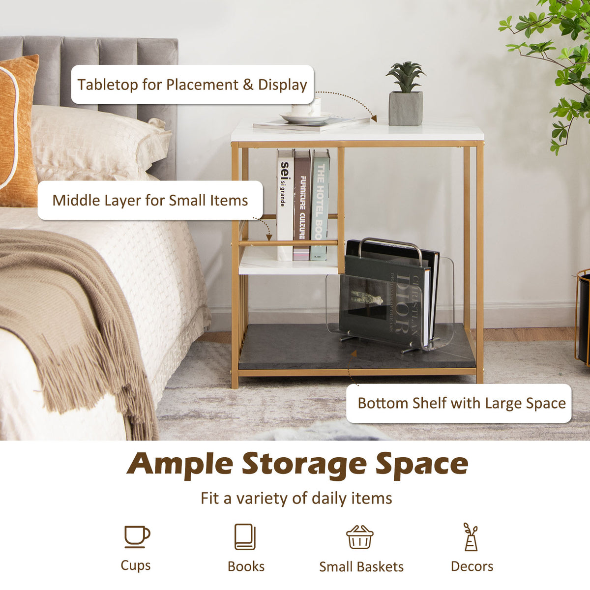 Faux Marble End Table, 3-Tier Sofa Side Table with Storage Shelves, Golden Polished Steel Frame