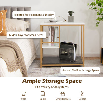 Faux Marble End Table, 3-Tier Sofa Side Table with Storage Shelves, Golden Polished Steel Frame