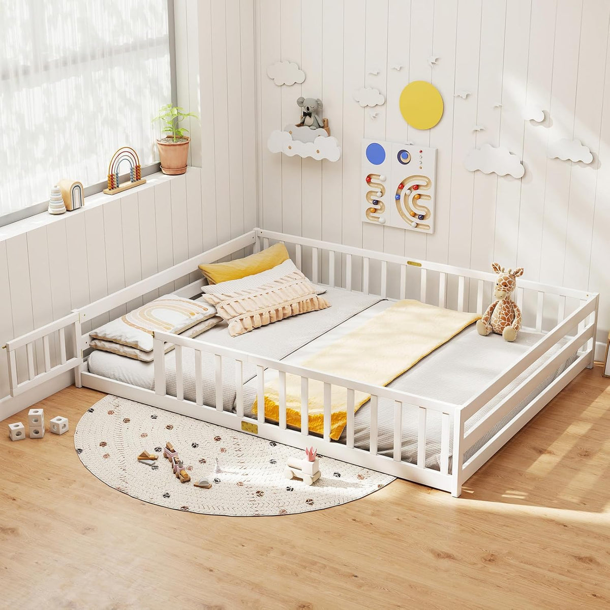 Goflame Floor Bed with Door & Fence Kids Wood Montessori Beds with Safety Guardrails