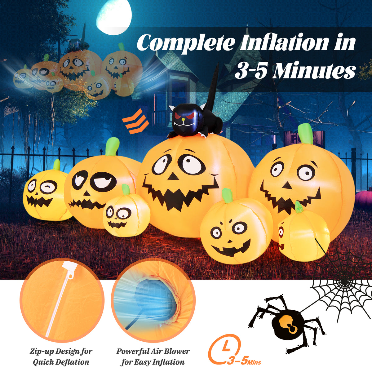 8FT Long Halloween Inflatable Pumpkin, 4 Pumpkins Patch Halloween Decoration with Black Cat and Built-in LED Lights