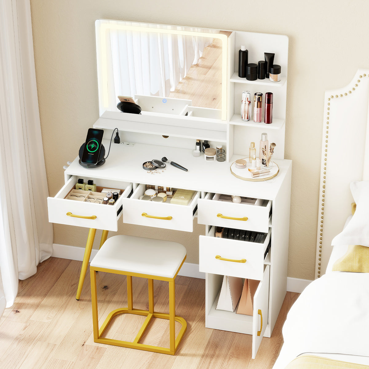 Vanity Desk with Mirror LED Light & Power Outlet, Modern Makeup Vanity Set with 3-Tier Shelves