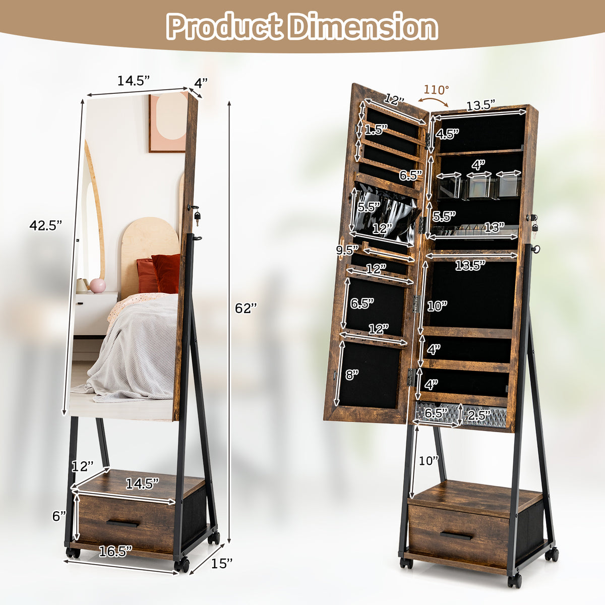 Rolling Jewelry Armoire Cabinet, Full Length Mirror with Storage, Floor Standing Lockable Jewelry Cabinet with Wheels