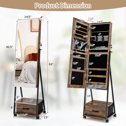 Rolling Jewelry Armoire Cabinet, Full Length Mirror with Storage, Floor Standing Lockable Jewelry Cabinet with Wheels