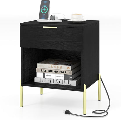 Goflame Mid Century Modern Nightstand with Charging Station