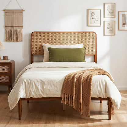 Goflame Wooden Bed Frame Full/Twin/Queen Size with Rattan Headboard