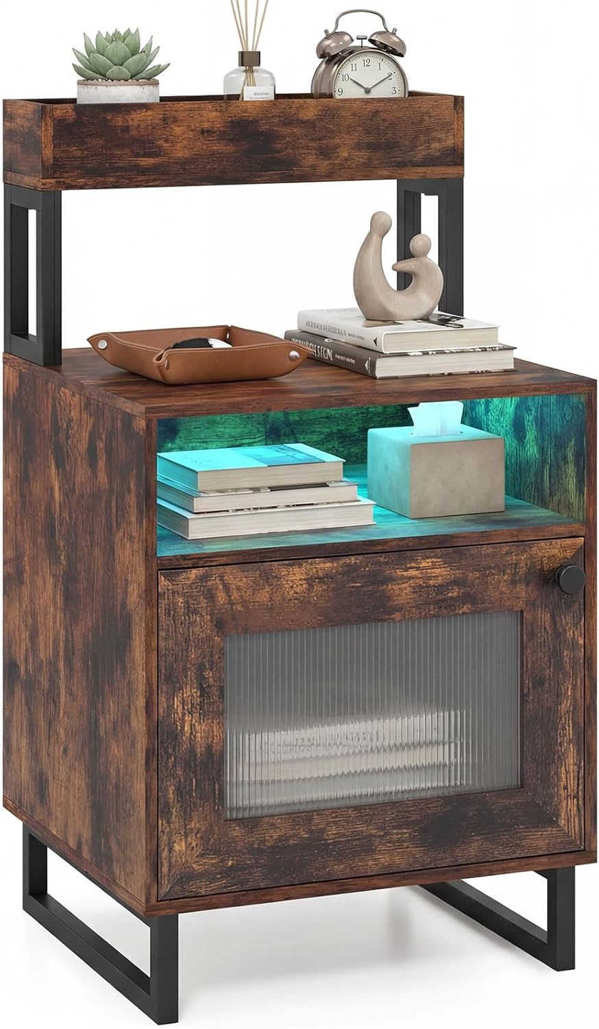 Goflame Night Stand with LED Lights | Tall Sofa Side Couch End Table w/Top Tray (1/2)