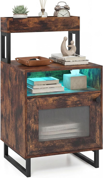 Goflame Night Stand with LED Lights | Tall Sofa Side Couch End Table w/Top Tray (1/2)
