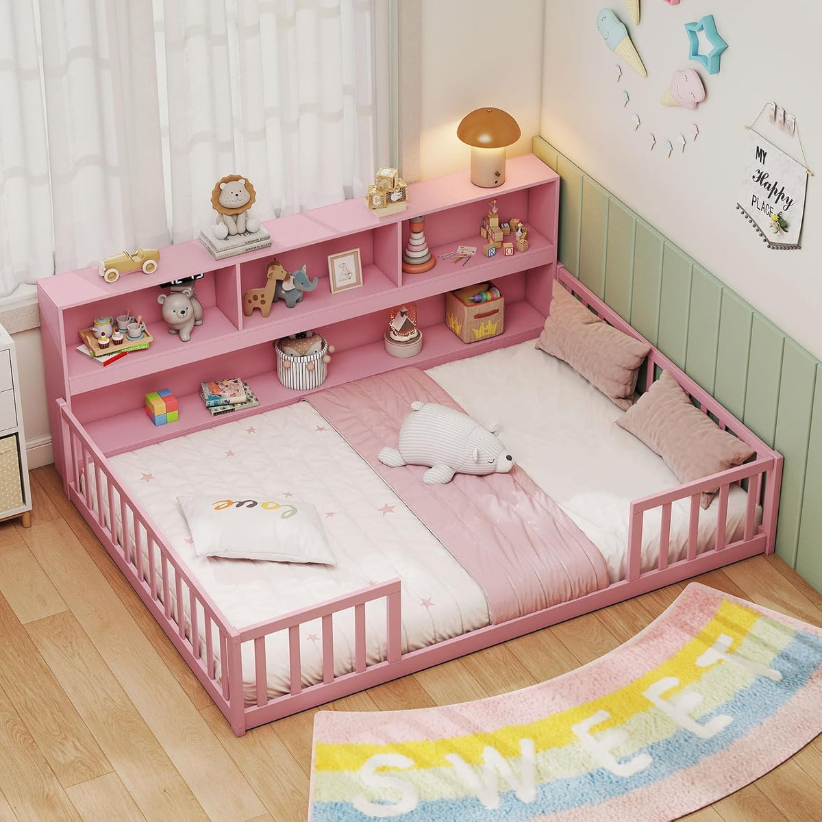 Goflame Wooden Montessori Bed Frame with Bookcase