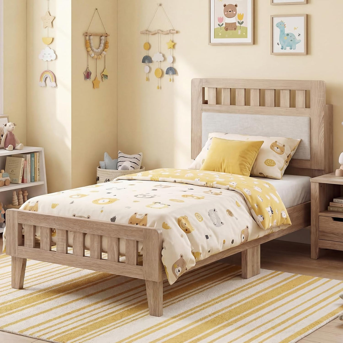 Goflame Mid-Century Wood Bed Frame with Upholstered Headboard (Full/Twin/Queen)