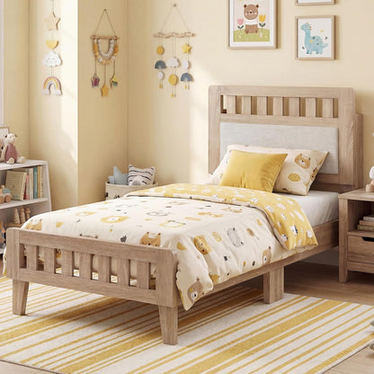 Goflame Mid-Century Wood Bed Frame with Upholstered Headboard (Full/Twin/Queen)