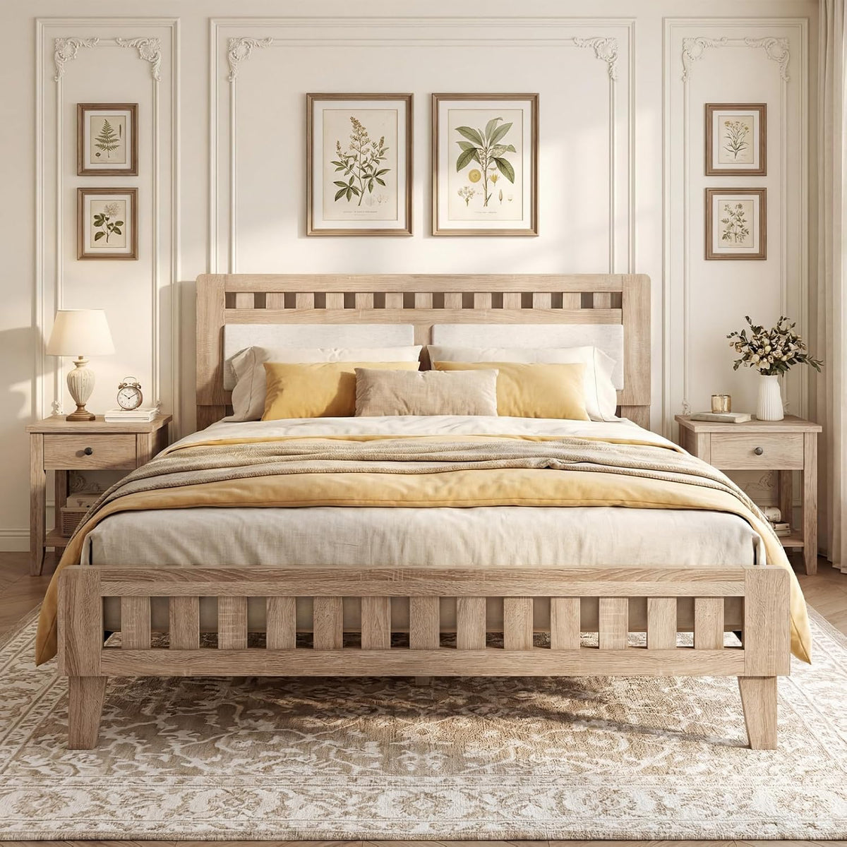 Goflame Mid-Century Wood Bed Frame with Upholstered Headboard (Full/Twin/Queen)