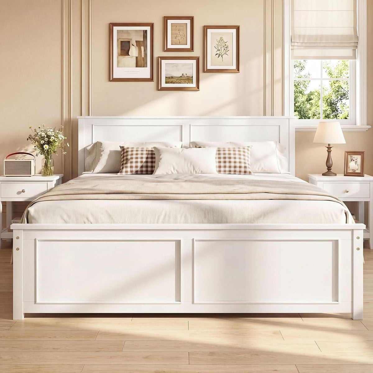 Goflame Wood Queen/Full/Twin Size Farmhouse Solid Platform Bed