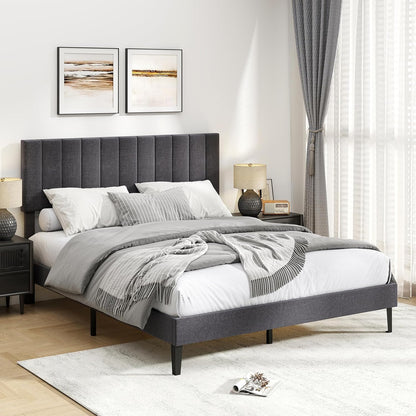 Goflame Queen/Full/Twin Size Upholstered Bed Frame Platform Bed with Height Adjustable Vertical Channel Headboard