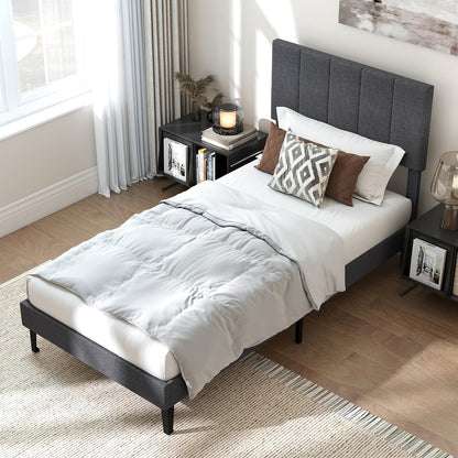 Goflame Queen/Full/Twin Size Upholstered Bed Frame Platform Bed with Height Adjustable Vertical Channel Headboard