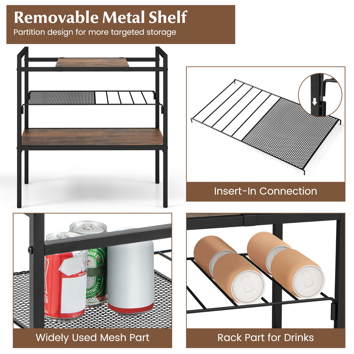 Industrial Console Table, Sofa Side Table with Removable Panel & Mesh Shelf