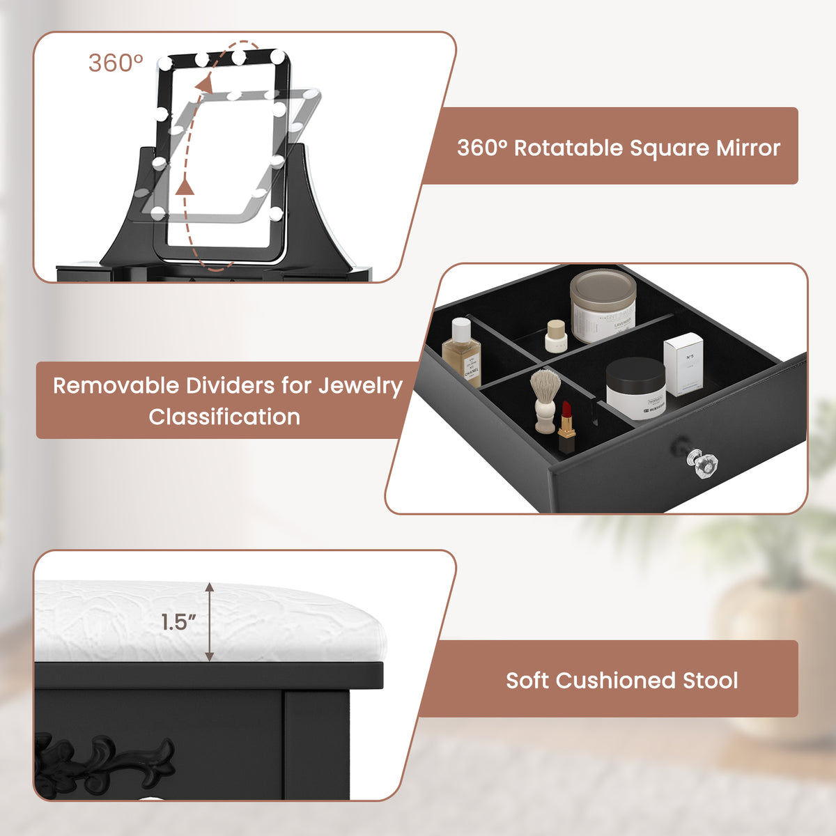Vanity Table Set with Lighted Rotatable Mirror, Makeup Table with 3-Color Lights