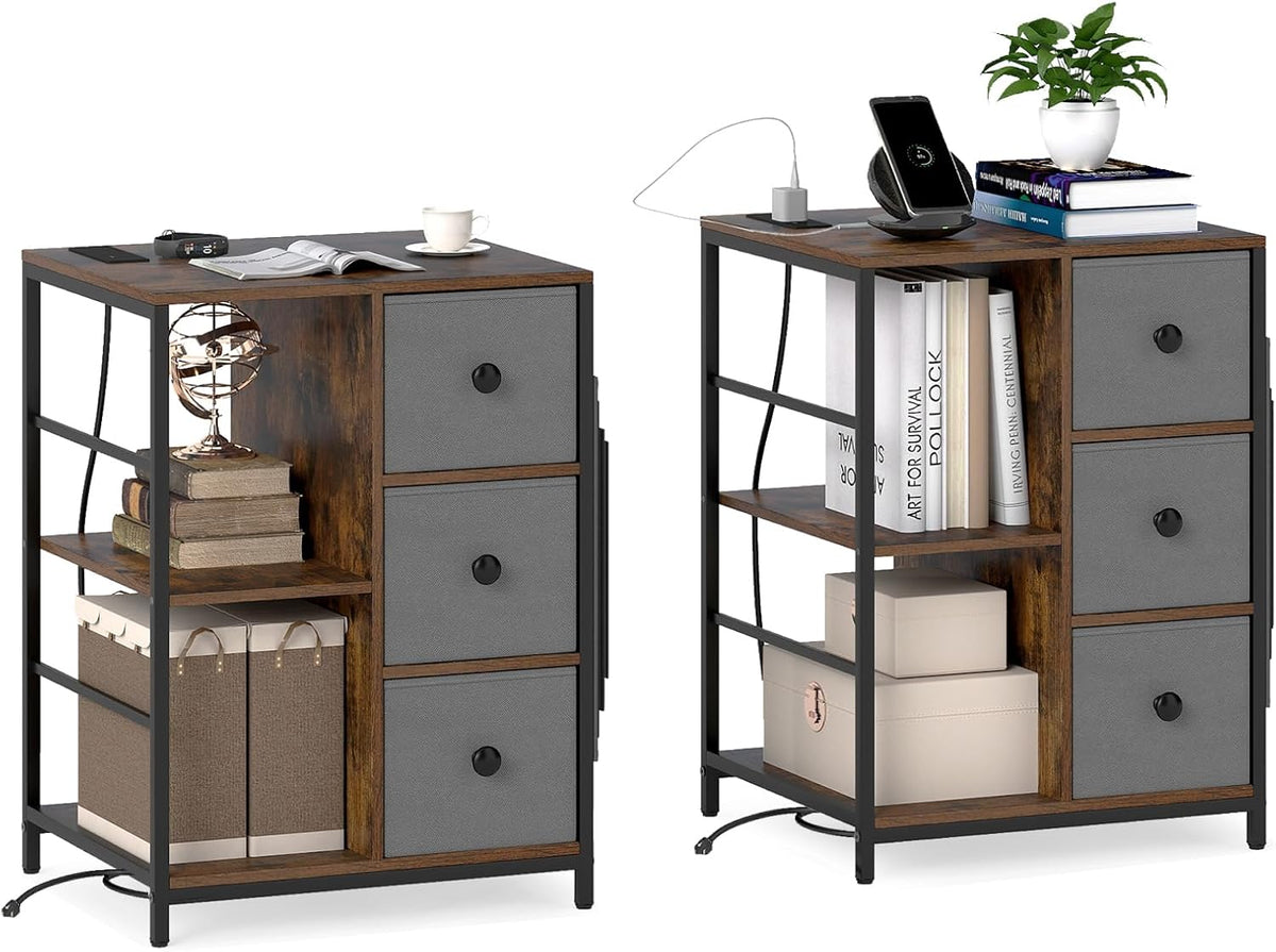 Goflame Industrial Nightstand with Charging Station - End Side Table w/3 Fabric Drawers