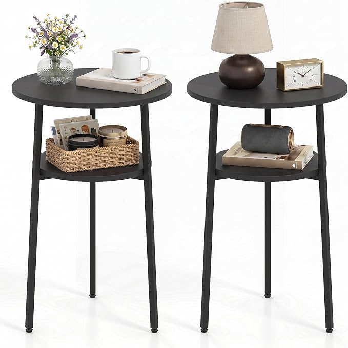 Goflame Round Side Table, 2-Tier End Table w/Metal Frame | Accent Nightstand Bedside Table w/ Storage Shelf for Small Space Sofa Couch Side