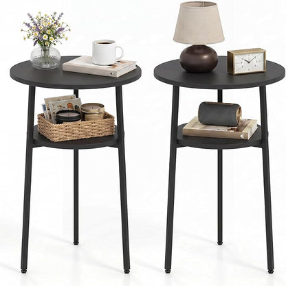 Goflame Round Side Table, 2-Tier End Table w/Metal Frame | Accent Nightstand Bedside Table w/ Storage Shelf for Small Space Sofa Couch Side