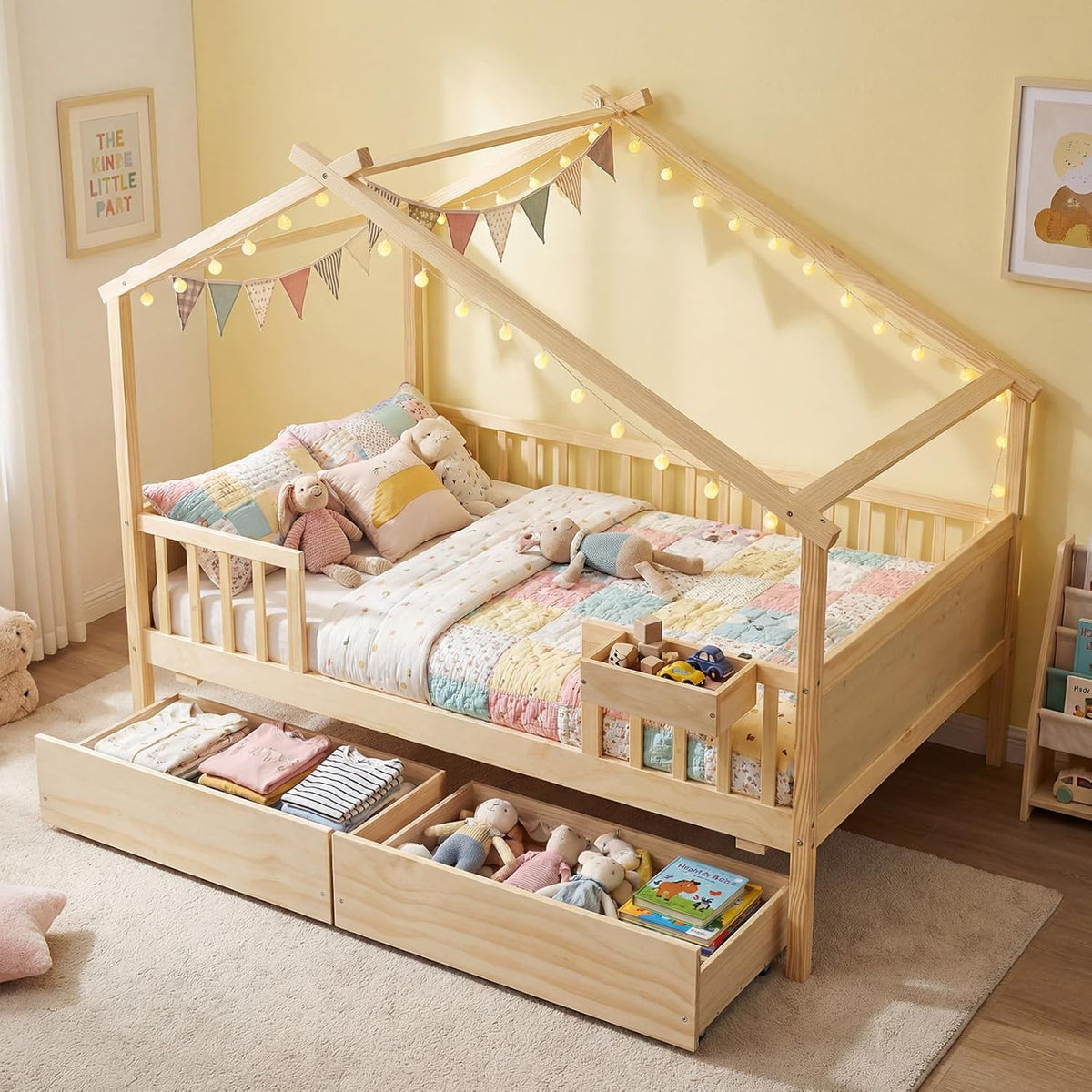 Goflame Full Size House Bed with Roof and Fence Rails for Kid
