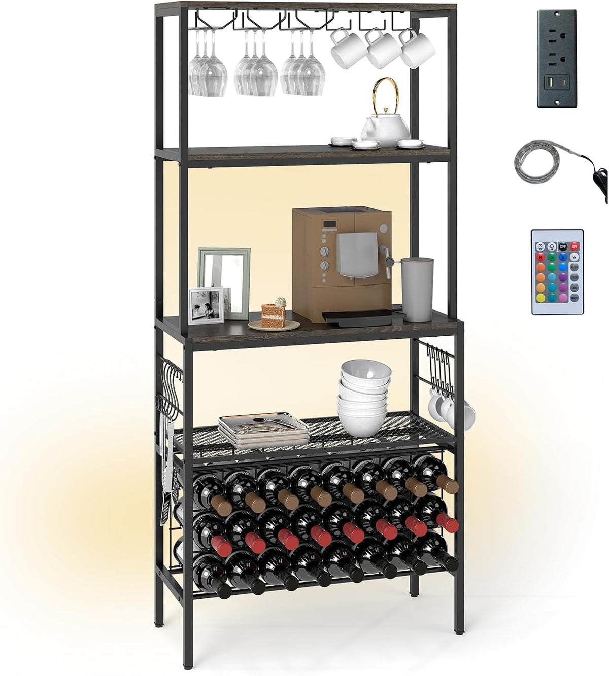 Goflame Wine Rack Freestanding Floor Wine Bar Cabinet w/Power Outlet & RGB Light