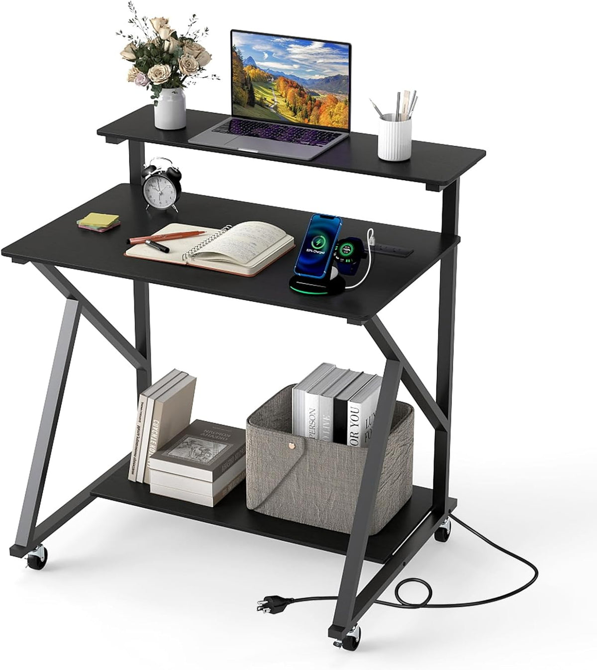 Goflame Rolling Small Desk with Storage | Compact Computer Desk for Small Spaces with Charging Station