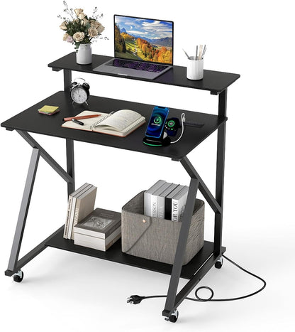 Goflame Rolling Small Desk with Storage | Compact Computer Desk for Small Spaces with Charging Station