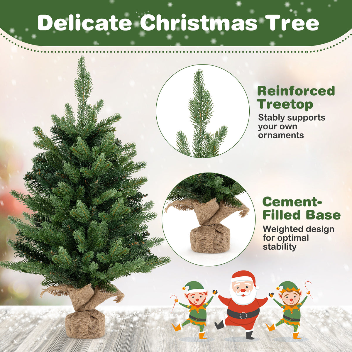 2FT Pre-Lit Artificial Mini Christmas Tree, Small Tabletop Xmas Fir Tree with 234 Branch Tips