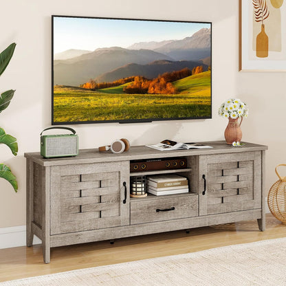 Goflame Farmhouse TV Stand for 65 Inch TVs 59" Wood Entertainment Center with 2 Woven Accent Doors