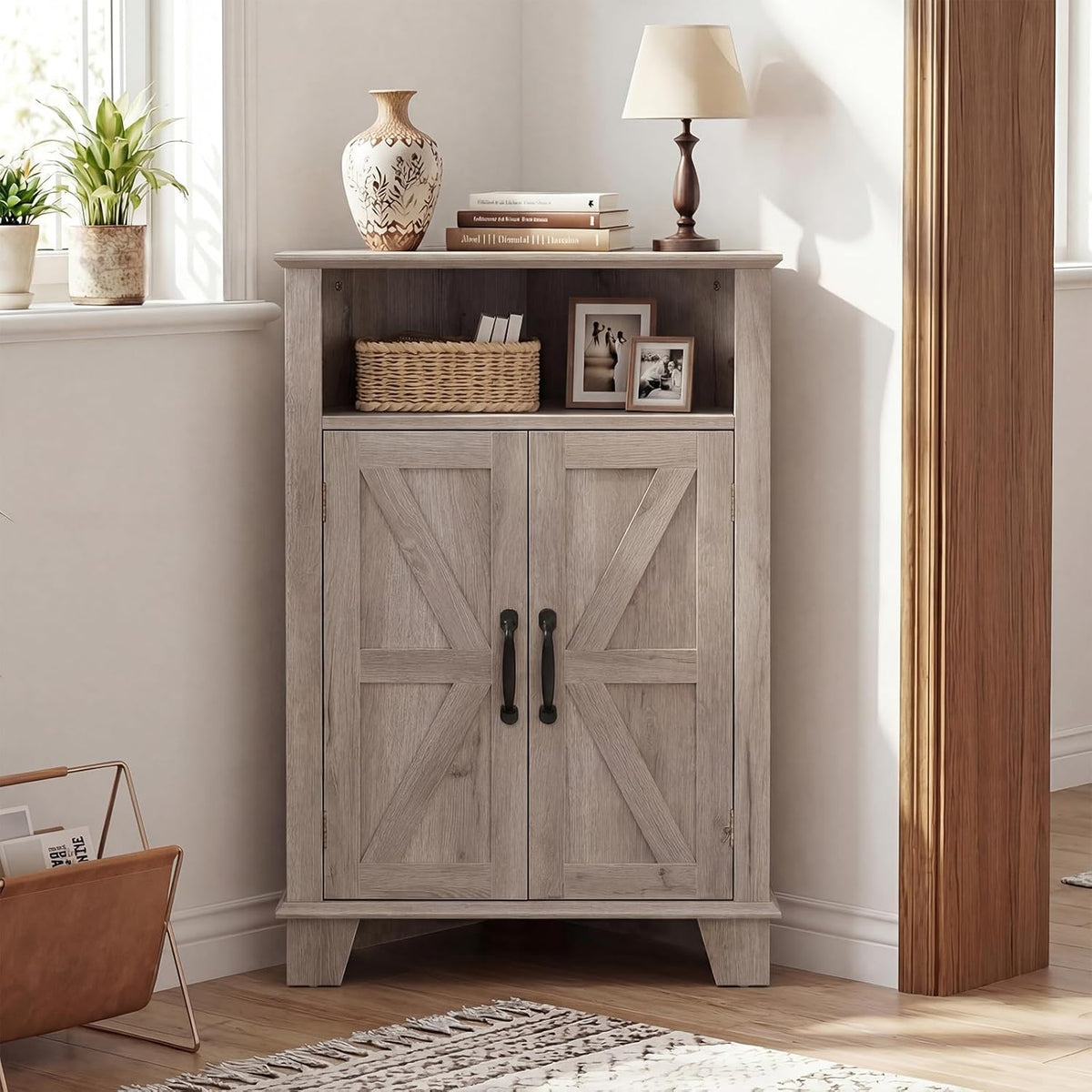 Goflame Bathroom Corner Storage Cabinet with Open Storage & Adjustable Shelf