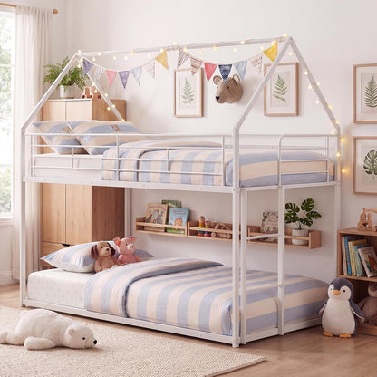 Goflame House-Shaped Twin Over Twin Metal Bunk Bed