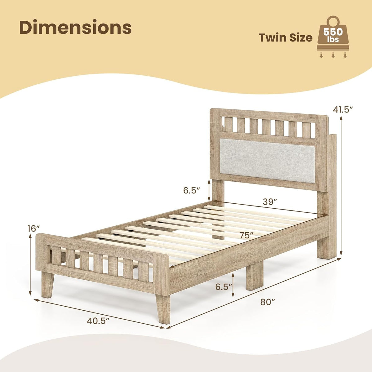 Goflame Mid-Century Wood Bed Frame with Upholstered Headboard (Full/Twin/Queen)
