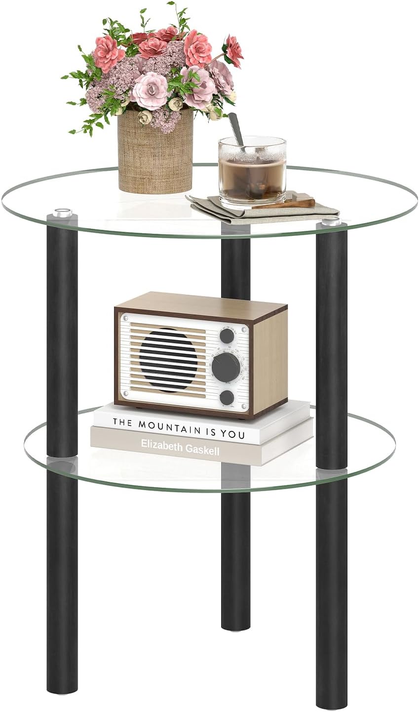 Goflame Round/Square 2-Tier Sofa Side Table with Clear Tempered Glass Top & Shelf (1/2)